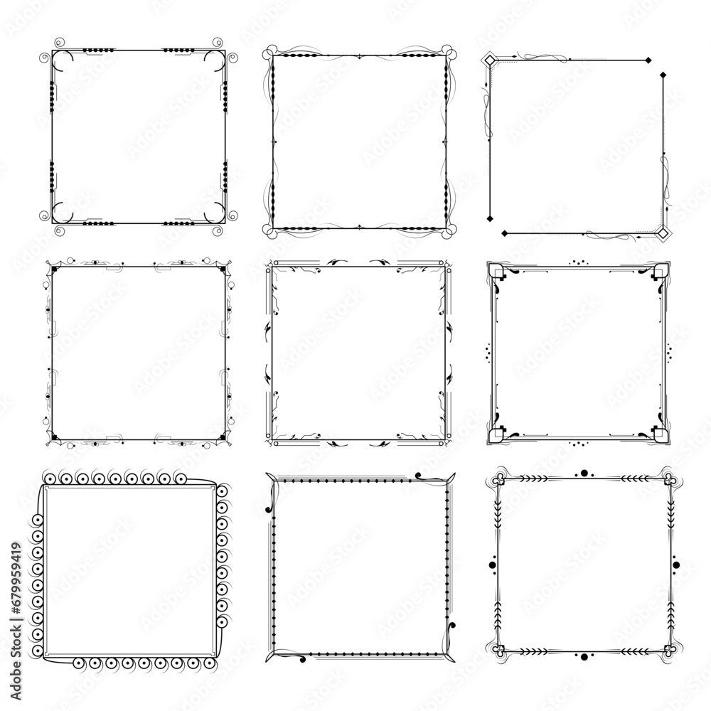 Aufkleber set black simple line frame collection doodle square floral frame elements vector design style sketc