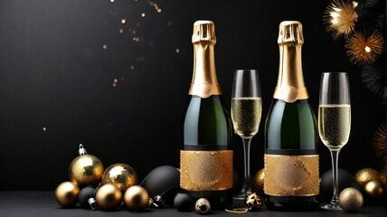 Beautiful composition with bottle of champagne and decorations for New Year party