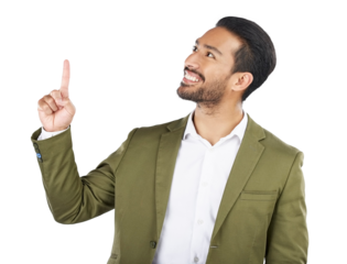 Advertising, pointing up and business man happy, smile and show company direction, commercial or discount promo. Presentation offer, professional or ads person isolated on transparent, png background
