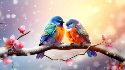 two birds on a branch Adorable Love Birds sitting on a branch of a cherry blossom tree Valentine's Day
