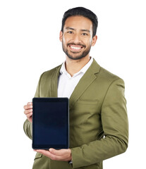 Asian man, portrait or smile and tablet for advertising isolated on a png transparent background....