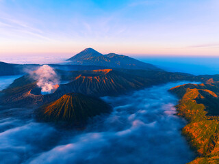 Aerial view Beautiful landscape scenery of Mount Bromo National Park from the top of the king kong...