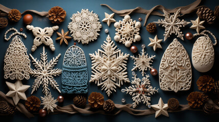 Handmade Holidays: A card with handmade holiday elements: paper snowflakes, homemade biscuits and crocheted stockings. 