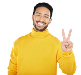 Peace, smile and portrait of man for winning, success and feedback of vote isolated on transparent png background. Asian model, emoji and v sign for victory, hope or icon of freedom, support or pride