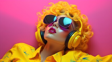 Music Lover with Sunglasses and Yellow Accessories on a Pink Canvas. Vibrant Music Lover with Headphones, Sunglasses and Yellow Jacket. Photo of a Woman with Curly Hair and Headphones. Generative AI