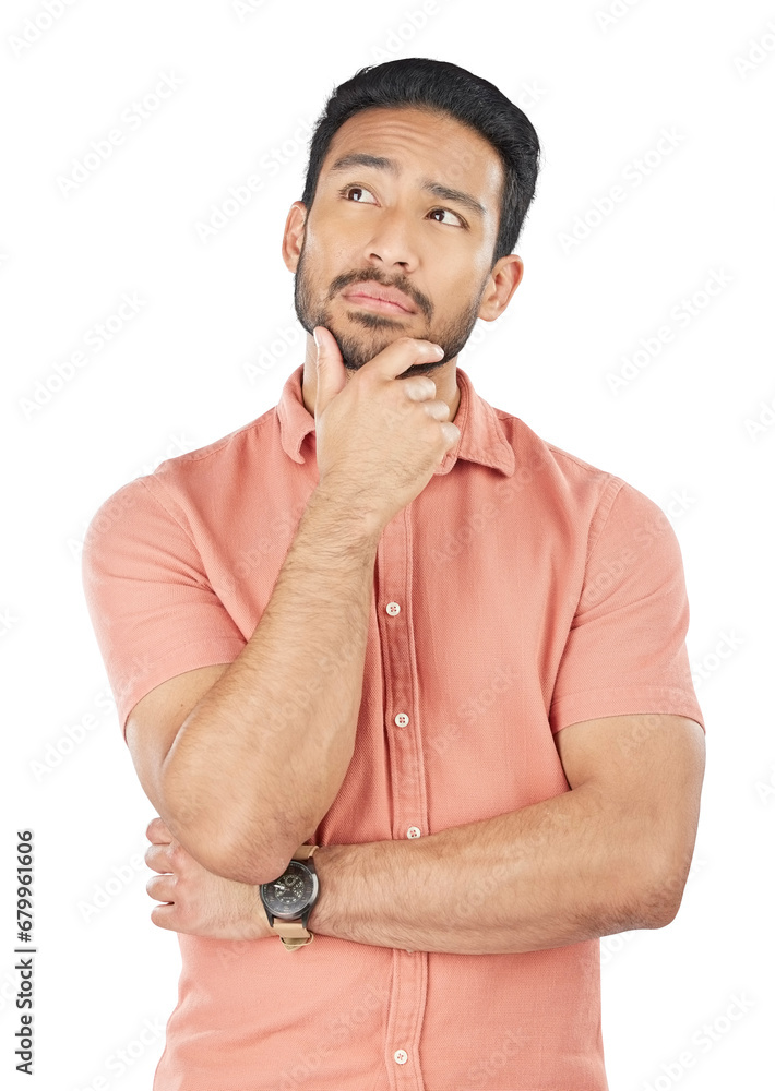 Poster face, asian man and thinking of idea for planning, decision or questions isolated on png transparent