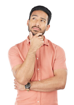 Face, asian man and thinking of idea for planning, decision or questions isolated on png transparent background. Brainstorming, male model or person and confused with choice and problem solving emoji