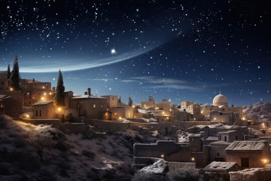 Christmas star over city of Bethlehem. Nativity story. Birth of Jesus Christ. Beautiful dark blue starry sky and bright star background