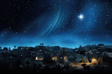 Christmas star over city of Bethlehem. Nativity story. Birth of Jesus Christ. Beautiful dark blue starry sky and bright star background - obrazy, fototapety, plakaty