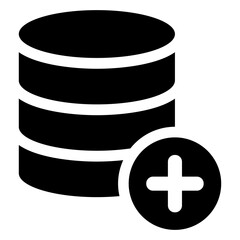 Black single add new database icon, simple create extra digital data flat design vector pictogram, infographic interface elements for app logo web button ui ux isolated on white background