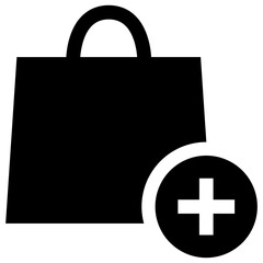 Black single add to cart icon, simple shopping basket with addition mark flat design vector pictogram, interface elements for app logo web button ui ux isolated on white background
