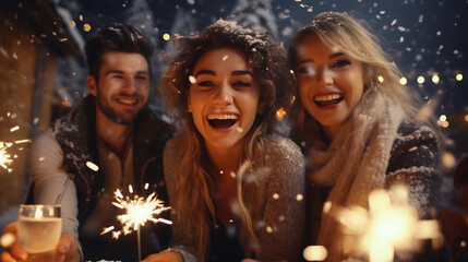 Group of happy young friends holding sparklers at a new year's eve party