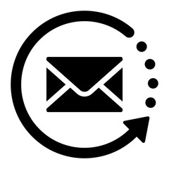 Black email with arrow rotation line icon, simple letter optimization recovery flat design vector pictogram, interface elements for app logo web button ui ux isolated on white background