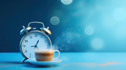 Cup of hot coffee with an alarm clock on blue background..Good morning concept. Aroma, hot morning drink. Morning time concept. retro alarm clock and cup on background. wake up, Good morning. 