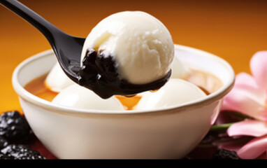 glutinous rice ball sits on a spoon, a hole in the ball and black sesame sugar running out. Yuanxiao, Lantern Festival