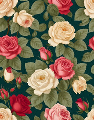 Elegant Vintage Floral Pattern Featuring Blooming Roses and Budding Florals with Lush Foliage on a Stylized Background, Perfect for Textile Design, Wallpaper, and Home Decor Accents