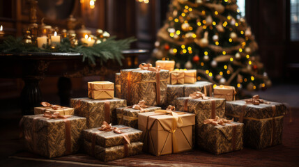 Fototapeta na wymiar Under the Christmas Tree: Lots of wrapped gifts under a beautifully decorated Christmas tree. 