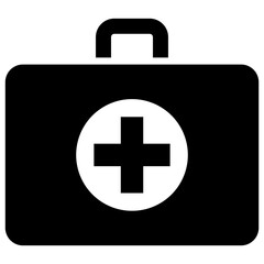 Obraz premium Black single first aid kit case icon, simple medical emergency box flat design vector pictogram, infographic vector for app logo web website button ui ux interface element isolated on white background