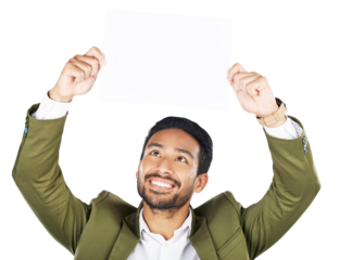 Poster, happy and business man with paper, space or mockup on isolated, transparent or png background. Recruitment, we are hiring or Japanese recruiter show about us, info or information presentation