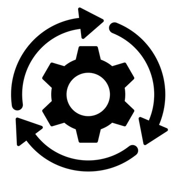 Black single round gear workflow icon, simple cog wheel process circle loop flat design vector pictogram, infographic interface elements for app logo web button ui ux isolated on white background
