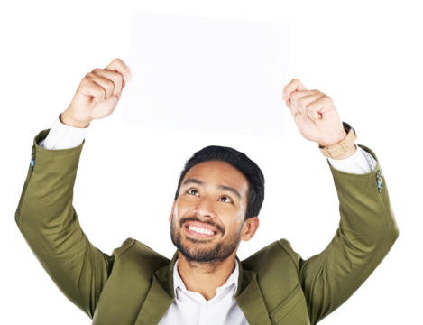 Poster, happy and business man with paper, space or mockup on isolated, transparent or png background. Recruitment, we are hiring or Japanese recruiter show about us, info or information presentation