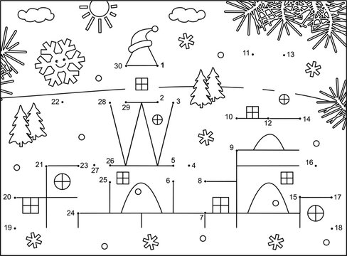 Ice palace in winter dot-to-dot picture puzzle and coloring page
