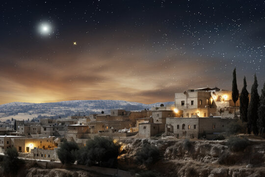 Christmas star over city of Bethlehem. Nativity story. Birth of Jesus Christ. Beautiful dark blue starry sky and bright star background