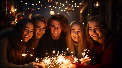 Group of happy young friends holding sparklers at a new year's eve party