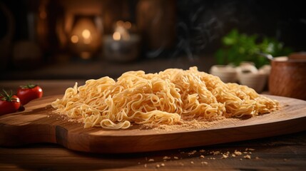noodles are sitting on top of a wooden board - obrazy, fototapety, plakaty