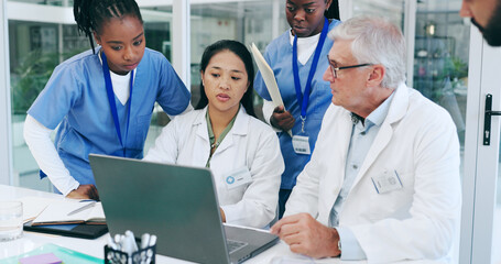 Doctors, nurses and laptop for meeting, medical teamwork and solution in hospital or clinic...