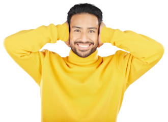Portrait, smile or man cover ears for noise or loud sound isolated on a png transparent background. Face, happy or Asian person not listening, hearing and silence for peace, quiet and ignore to relax