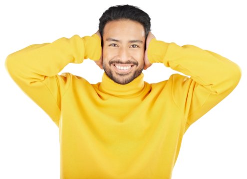 Portrait, smile or man cover ears for noise or loud sound isolated on a png transparent background. Face, happy or Asian person not listening, hearing and silence for peace, quiet and ignore to relax