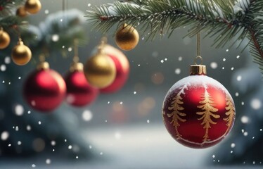 Christmas tree with red and gold baubles hanging from it's branches in front of a snowy background