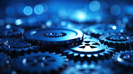 close up view of a gears, Blue gears technology background,Hi-tech digital technology and engineering on blue color background - obrazy, fototapety, plakaty