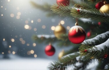 Christmas tree with red and gold baubles hanging from it's branches in front of a snowy background