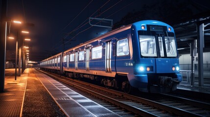 Blue modern high speed train at the station. Railway station at night - obrazy, fototapety, plakaty
