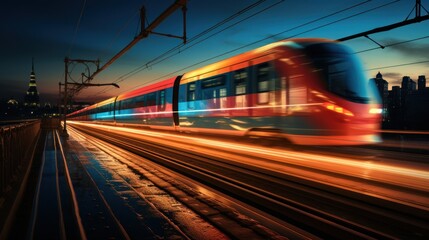 Fototapeta na wymiar Train in the city at night. Blurred motion of train.