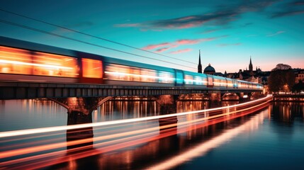 Train in the city at night. Blurred motion of train.