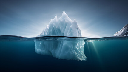 Lone iceberg in the ocean, iceberg above the water and under water floating in the serene sea - obrazy, fototapety, plakaty