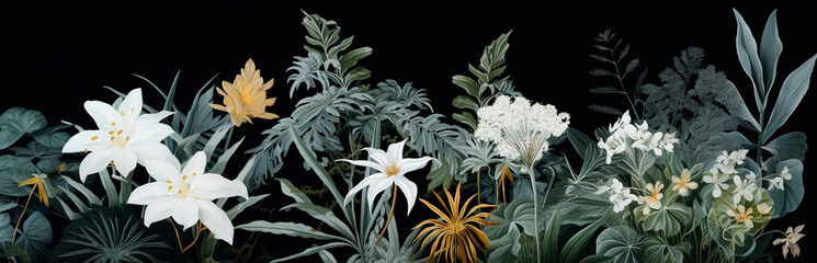 Luxurious vintage floral  flower with botanical in digital painting or etching holotone printing color style.beautiful illustration flower blooming in dark background