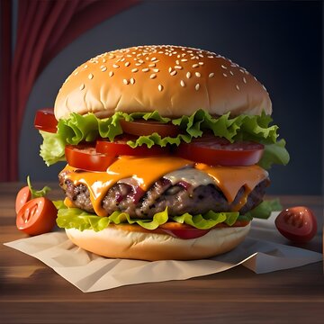 Fresh tasty burger on wooden background. Generative AI