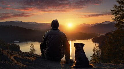 Man and his dog sitting on the edge of a mountain lake at sunset
