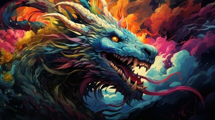 surrealism, fabulous colorful dragon - obrazy, fototapety, plakaty