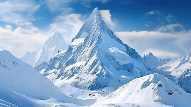 snowy mountain landscape,snow covered mountains, Majestic snowy mountain peak towering above the clouds, its pristine white slopes contrasting against the deep blue sky