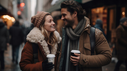 Young couple wearing winter clothes smiling walking in city street holding cups with hot drinks, outdoors city market on background