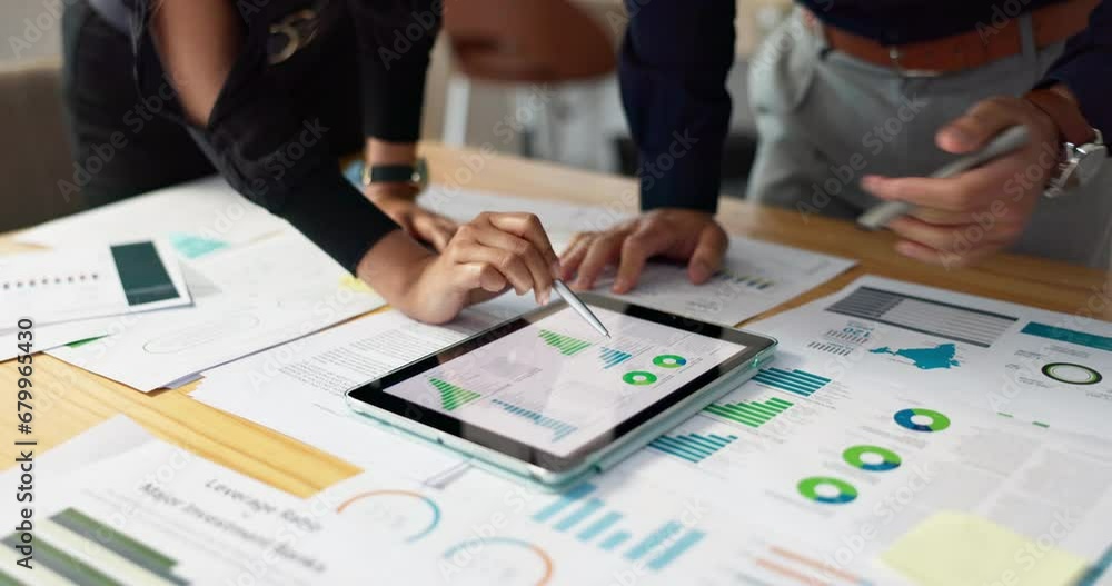 Poster business people, data analysis with tablet and paperwork, hands with online review in meeting and te
