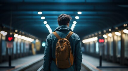 Back view of a young man standing on the railway station platform with a backpack. - obrazy, fototapety, plakaty