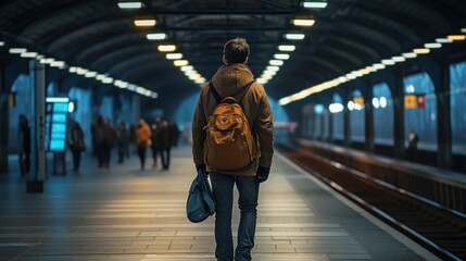 backpack-wearing young man is standing on the railway station platform, seen from behind. - obrazy, fototapety, plakaty