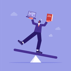 businessman balances work and education on the scales, learning or studying new skill for self improvement and success in work concept