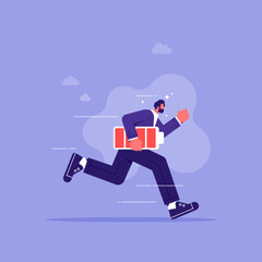 Passion of work or stress resistance concept, happy businessman hold battery with full level and runs to work, successful and strong employee